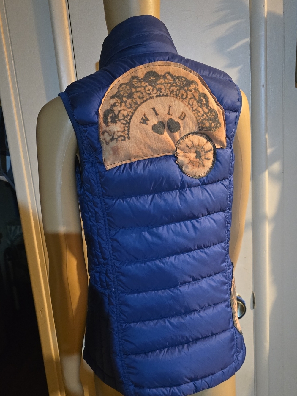 Blue Quilted Sleeveless Puffer Vest with Decorative Upcycled Back Panel